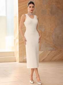 Modelyn Set de 2 bucăți pentru femei, cu blană, culoare solidă, casual, cu guler în U, tricotat, ajustat - alb - Vizualizare 3