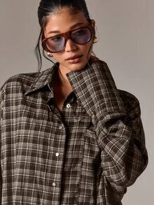 AiiRZ Oversized Checked Shirt With Patch Pocket Button Down Long Sleeve Fall Winter Blouse