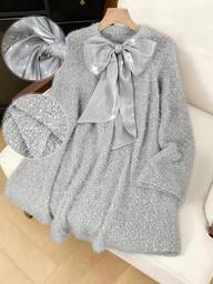 Franclia Women's Elegant Cute Sweet Lady Date Daily Thanksgiving Christmas New Year Simple Design Raglan Flared Sleeves Ribbon Tie Bow Solid Color Gray Pullover Floral Yarn Knitted Short Loose Plus Size Sweater Dress, Fall Winter