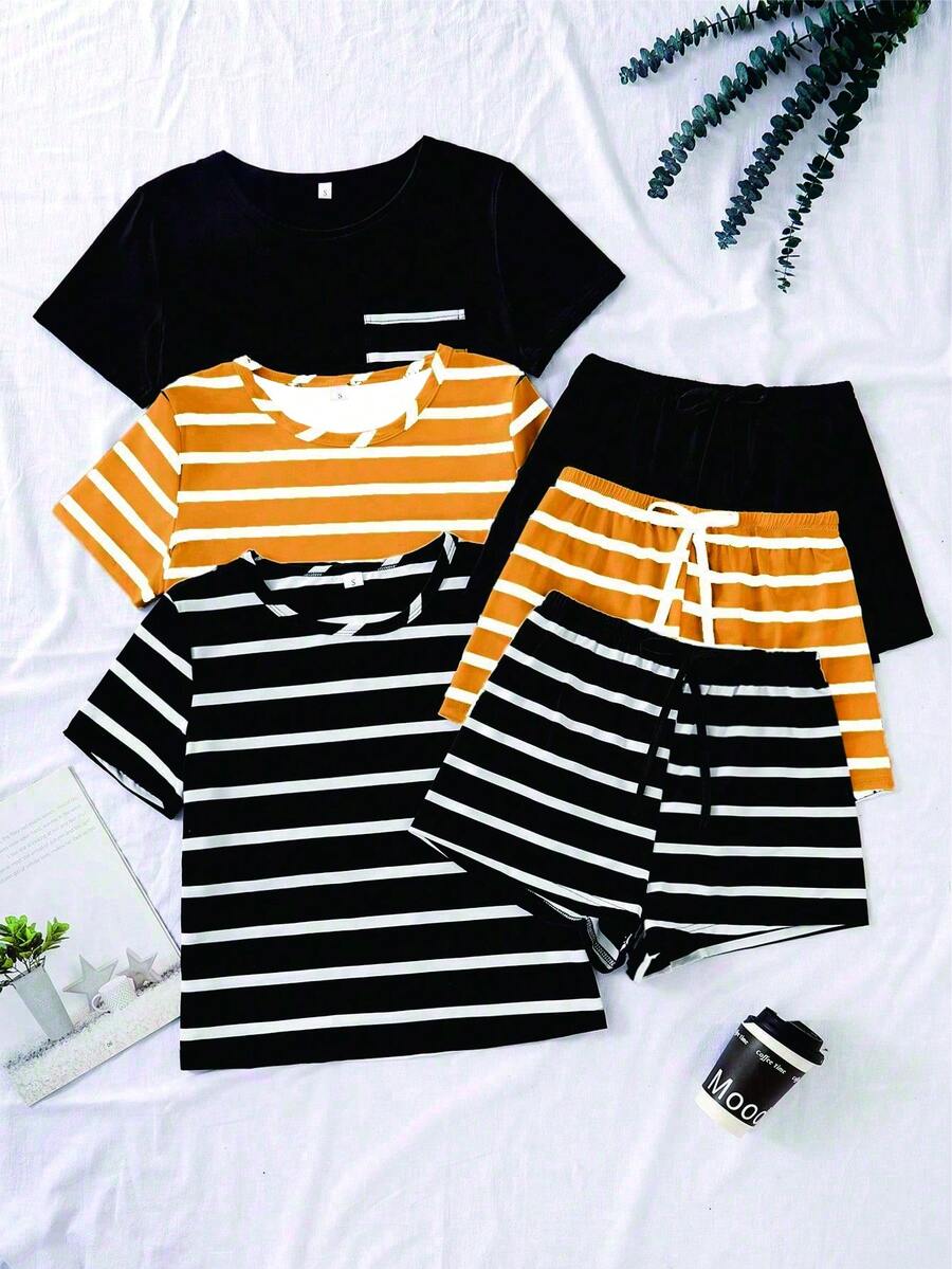 SHEIN 3件套女士休闲条纹短袖短裤睡衣套装 - 彩色 - 查看 1