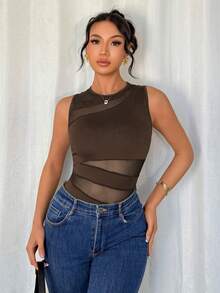 SHEIN PETITE 优雅圆领无袖针织拼接不对称网眼黑色春夏女士连体衣 - 咖啡棕 - 查看 7