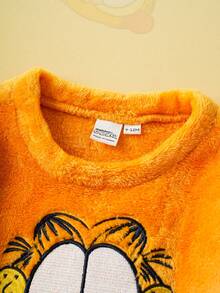 GARFIELD | SHEIN 2pcs Baby Boy Orange Cute Cat Embroidery Plush Sweatshirt And Navy Blue All-Over Print Pants Set, Suitable For Autumn/Winter Baby Set Autumn Winter Season - Orange - View 4