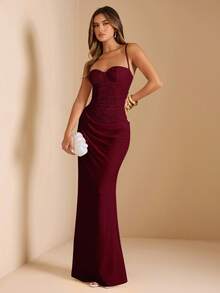 SHEIN BAE Summer Women Lace Patchwork Spaghetti Strap Dress, Suitable For Graduation Party, Wedding Guest Dress, Date, Banquet, Party, Sisterhood Gathering,Wedding Guest Dress Women,Red Dress,Valentine's Day,Valentine Outfits For Women - Burgundy - View 4