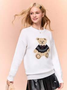 Casual Cute Bear Print Sweater For Teen Girl Suitable For School And Outdoor Wear Fall Winter - White - View 5