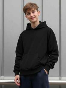 SHEIN Teen Boy Casual Loose Comfortable Versatile Solid Color All-Match Sweatshirt Autumn Winter Clothes ForGirln - Black - View 7