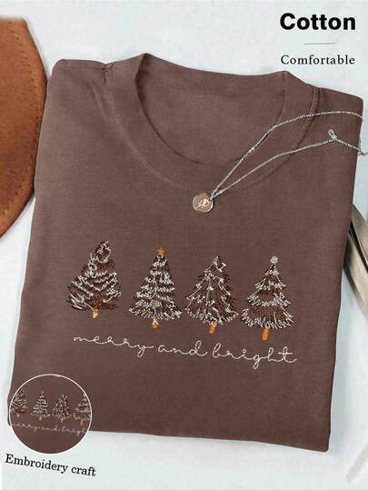 INAWLY 大码女式圣诞树字母印花圆领短袖休闲T恤