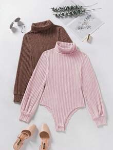 EMERY ROSE 2pcs Set Bodysuit, Colorful Design, Comfortable Autumn/Winter Base Layer Bodysuit - Brown - View 1