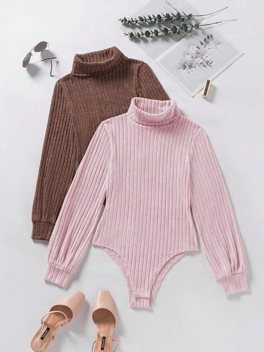 EMERY ROSE 2pcs Set Bodysuit, Colorful Design, Comfortable Autumn/Winter Base Layer Bodysuit - Brown - View 1
