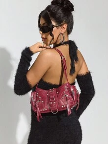 SHEIN ICON Quý cô, Túi đeo vai nữ, Túi Hobo, Thời trang, Cá nhân hóa, Đơn giản, Đa năng, Đường phố, Những cô gái ngọt ngào và sành điệu, Những cô gái nóng bỏng, Y2k, Đinh tán, Phong cách Biker, Punk, Đỏ - Màu Đỏ Sâu - Xem 8
