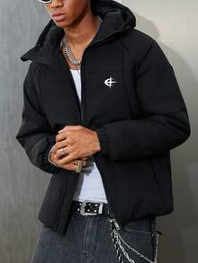 Manfinity Roghcode Abrigo casual negro acolchado para hombre, de manga larga, para otoño/invierno