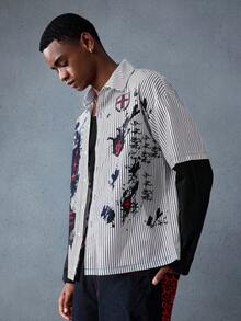 ROMWE MEN Goth 男士秋季时尚条纹拼布衬衫 - 彩色 - 查看 5