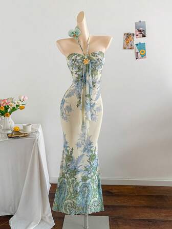 Soleia ชุดเดรสหางปลาผู้หญิงถักตาข่ายไล่สีโรแมนติกเข้ารูปคล้องคอผูกโบว์ตกแต่งหัวเข็มขัดโลหะ เหมาะสำหรับปาร์ตี้, เดท,น้ำชายามบ่าย, เซ็กซี่และสง่างาม