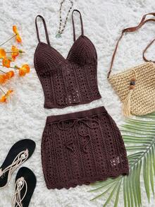 Soleia 全新休闲度假西部海滩婚礼宾客服装返校毕业早午餐、圣帕特里克节春假复活节音乐节优雅波西米亚风热带露背钩针露背短款上衣和迷你裙两件套女装 - 卡其色 - 查看 3