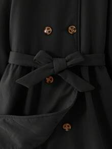 SHEIN Serisse Kids 青少年女孩纯色简约长款翻领外套，适合秋冬季日常穿着、休闲场合和返校季，保暖效果佳 - 黑色 - 查看 6