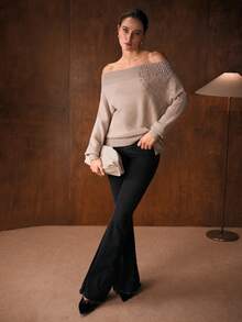 MOTF PREMIUM Fashionable & Elegant Off Shoulder Rhinestone Decorated Sweater, Autumn/Winter