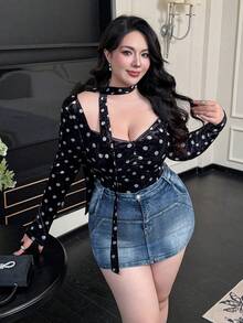 Flirla Women's Plus Size Long Sleeve Velvet Polka Dot Patchwork Lace T-Shirt - Black - View 7