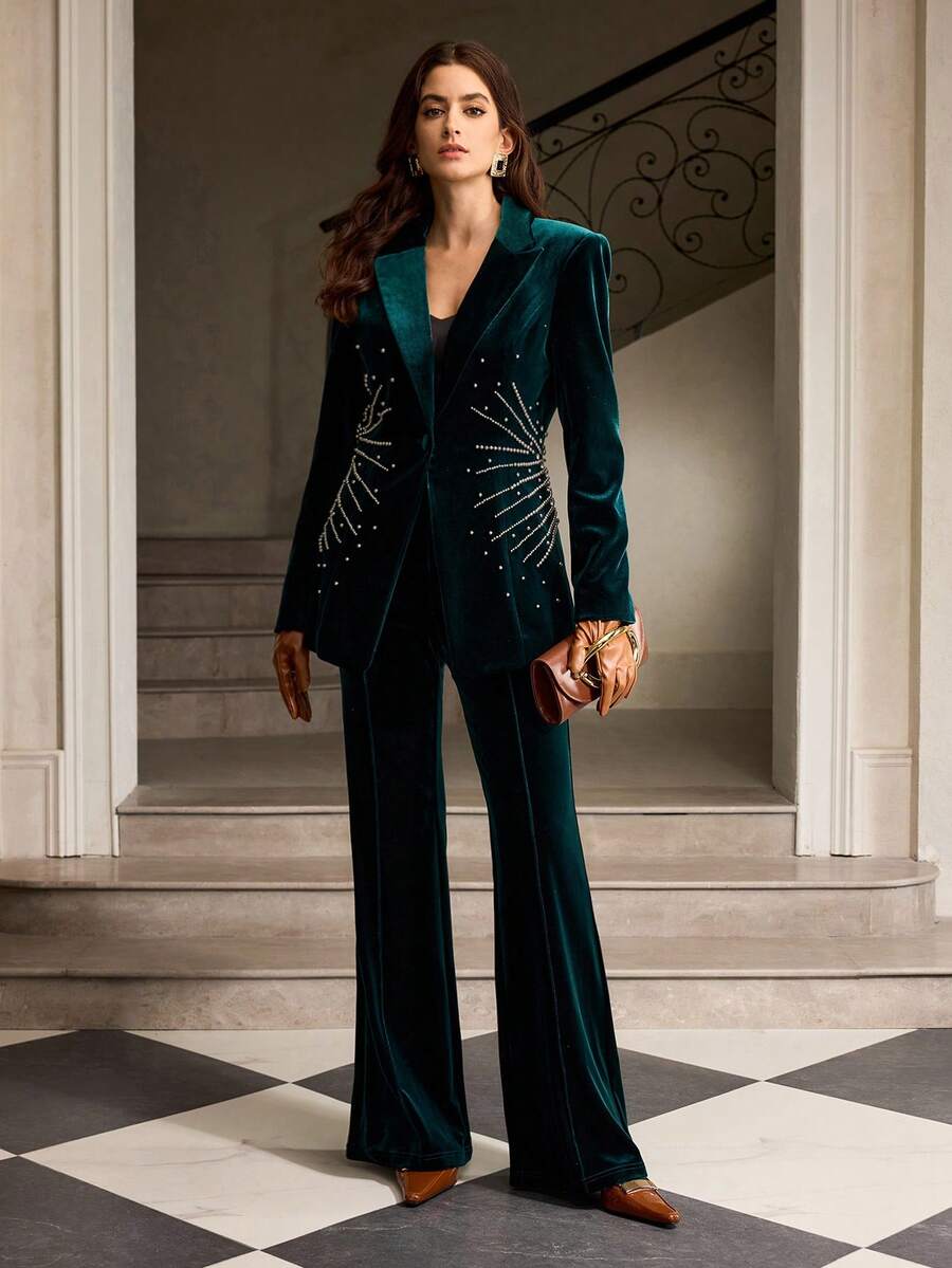 ZEYLAH Women's Elegant Fitted Flared Pants With Pockets, Autumn/Winter - Dark Green - View 1