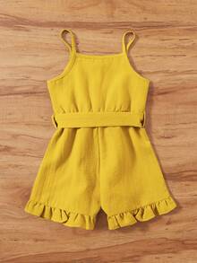 Young Girl Solid Ruffle Hem Belted Cami Romper - Mustard Yellow - View 2