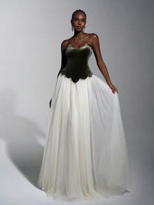 Elitara 优雅复古天鹅绒露肩荷叶边领分层 A 字系带连衣裙，适合晚会、音乐节、宴会、商务活动和各种场合 - 彩色 - 查看 6