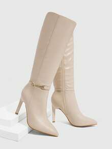 CUCCOO SZL Women's Pointed Toe Slim High Heel Metal Buckle Beige Autumn/Winter Side Zipper Knee-High Boots, Minimalist Design For Commuting, Shopping, Party For Christmas - Beige - View 4