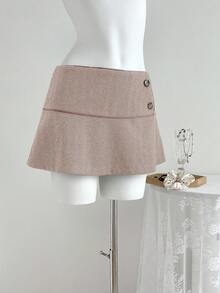 Elamini Retro Style Low Waist Women Button Design Fashion Midi Skirt - Dusty Pink - View 1