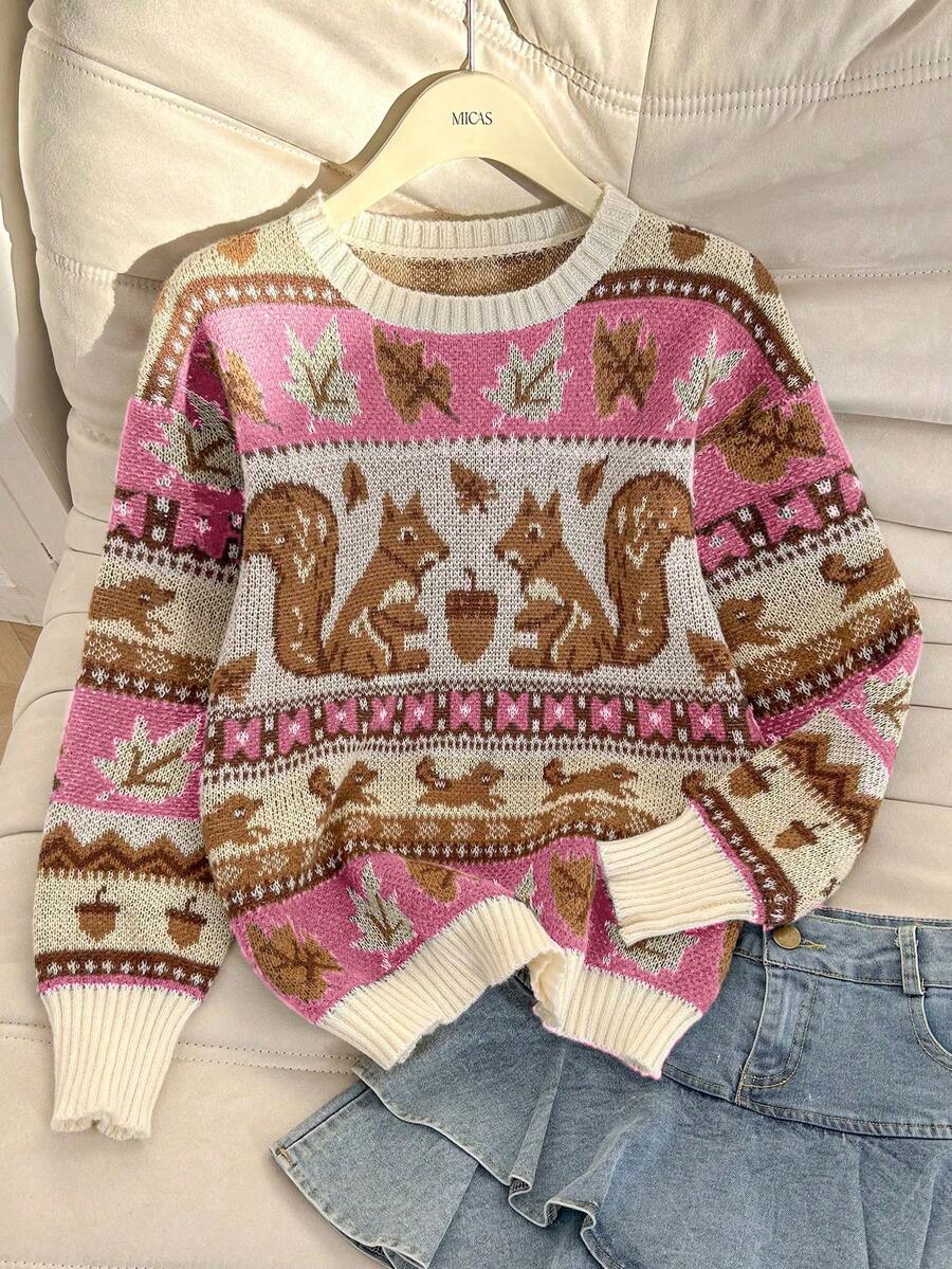 Franclia 新款叶子和松鼠图案圆领长袖套头毛衣 - 玫紅色 - 查看 1