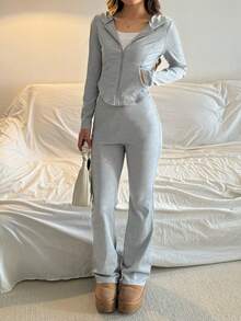 SHEIN 少女两件套：灰色连帽罗纹针织短款开衫和喇叭裤，休闲街头装 - 灰色 - 查看 1