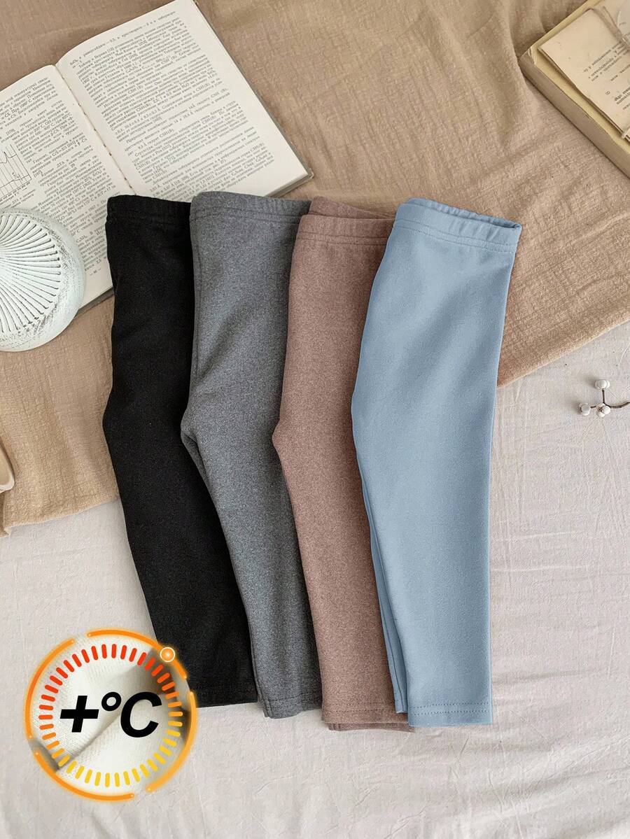 SHEIN LMoss Kids LMoss 4件套女婴可爱纯色松紧腰针织打底裤，秋冬款 - 彩色 - 查看 1