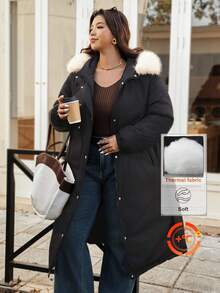 Vionelle Plus Size Long Sleeve Fur Collar Casual Coat With Belt - Black - View 1