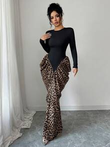 Elenzga 女士黑色针织面料拼布豹纹圆领褶饰腰部优雅连衣裙，适合生日礼物、约会、派对、正式场合、鸡尾酒会、音乐节、独立日、网络星期一、万圣节、单身节、返校派对、平安夜、感恩节、圣诞节、排灯节、秋季连衣裙 - 彩色 - 查看 4