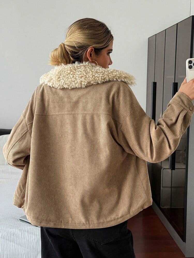 Vintage American Casual Faux Fur Collar Short Padded Coat, Winter