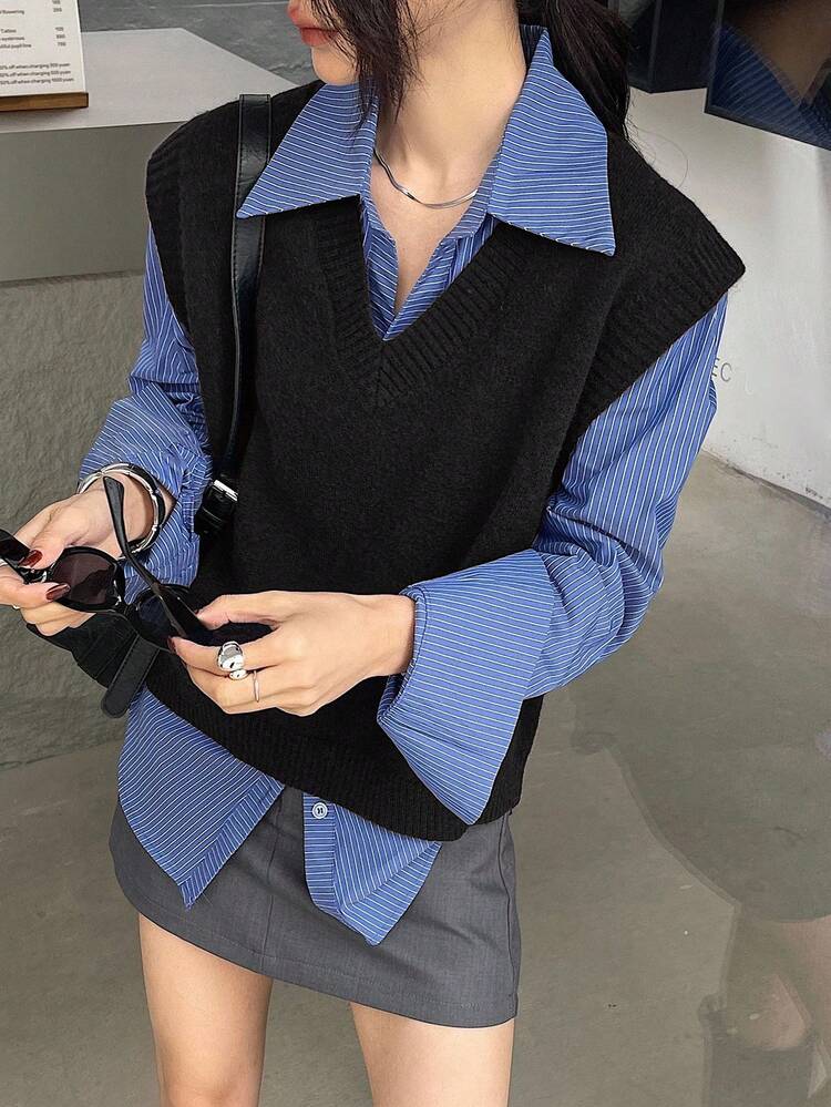 Women's Casual Solid Color V-Neck Sweater Vest, Autumn