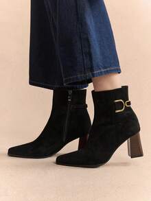 D-Ring Buckle Ankle Boots | Suede & Matte Leather Blend | 2" Chunky Heel | Pointed-Toe Elegance | 2 Pairs, Premium Leather-Look - Black - View 9