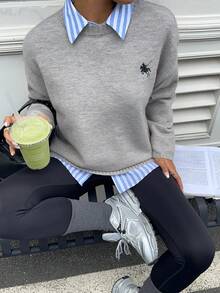 Siren Gaze Women's Casual Loose Fit Round Neck Drop Shoulder Long Sleeve Knight Pattern Sweater, Autumn/Winter - Grey - View 6