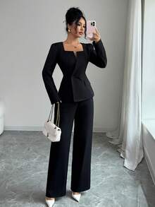 SHEIN PETITE 小巧优雅女士方领长袖口袋双排扣西装外套和直筒裤两件套，适合秋季、感恩节、办公穿着 - 黑色 - 查看 1