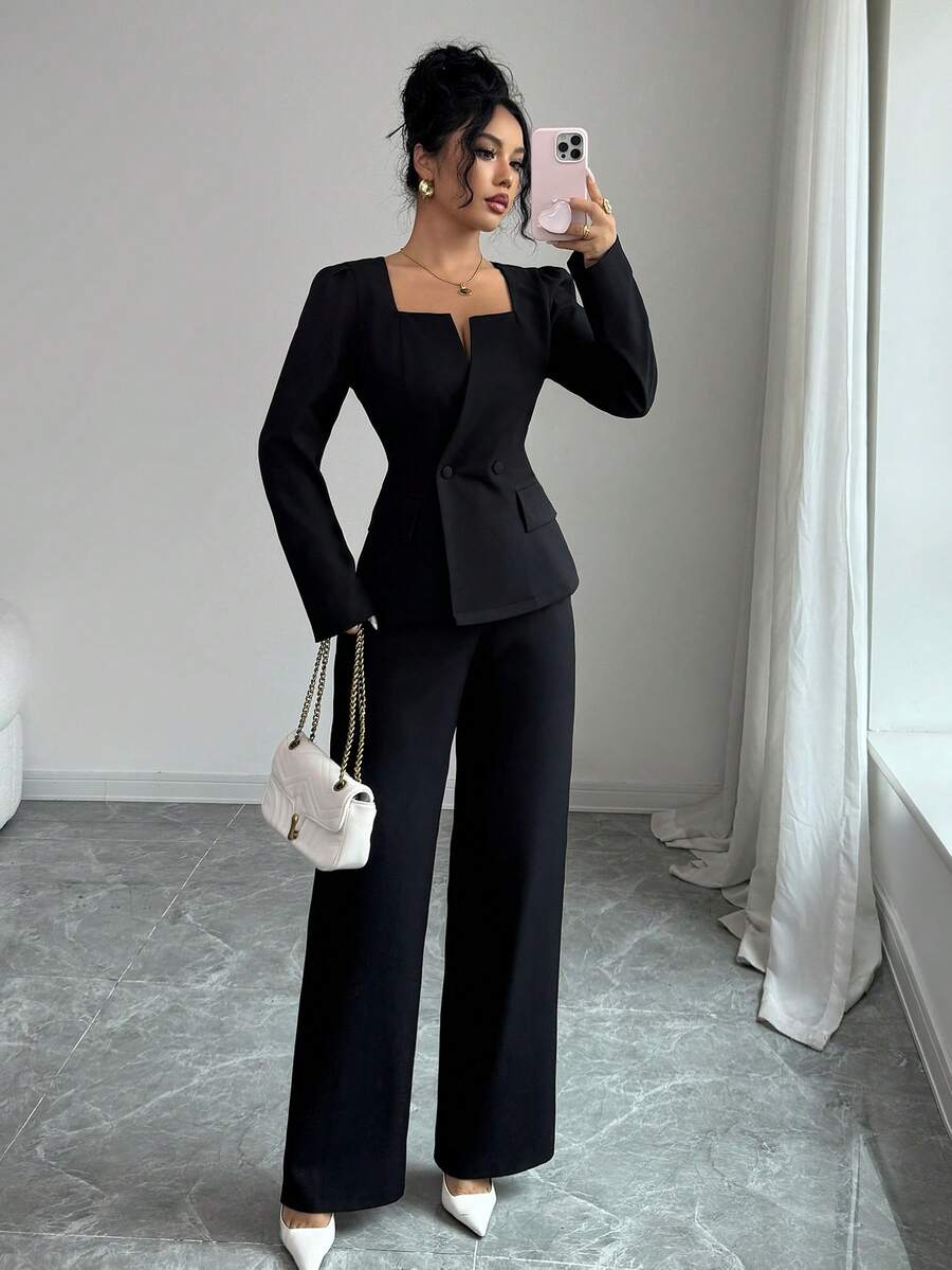 SHEIN PETITE 小巧优雅女士方领长袖口袋双排扣西装外套和直筒裤两件套，适合秋季、感恩节、办公穿着 - 黑色 - 查看 1