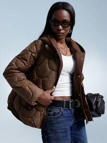 GENKIRA Áo khoác trùm đầu có mũ trùm đầu dáng dài màu cà phê họa tiết hình học gợn sóng trơn màu thu/đông thiết kế mới cho nữ - Cà phê nâu - Xem 1