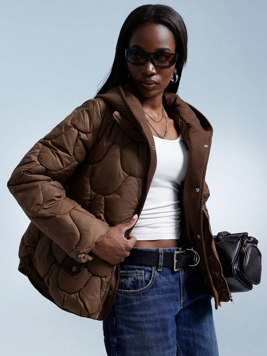 GENKIRA Áo khoác trùm đầu có mũ trùm đầu dáng dài màu cà phê họa tiết hình học gợn sóng trơn màu thu/đông thiết kế mới cho nữ - Cà phê nâu - Xem 1