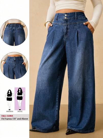 SHEIN Tall CURVE Plus Size Casual Commuter Winter All Season Halloween Christmas New Year Thanksgiving Washed Wide Leg Jeans Dark Blue Jeans High Waist Wide Leg Pants Elegant Ladies Wear Comfortable Elastic Waist Women's Clothing Arty Wedding Elegant Business Casual Woman Country Vintage Modest Old Money Business Casual Woman Work Clothes Women Plus Size Comfortable Pleated Blue Jeans For Women High Waisted Loose Fit Denim Trousers