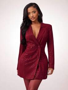 Radiana Fall/Winter Women's Sexy Elegant Metallic Sequin Fitted Long Blazer Jacket, Waist Cinched Suit Dress Suitable For Dates, Gatherings, Parties, New Year, Christmas, Banquets, Formal Occasions, Slimming Waist, Flattering Silhouette Red Blazer Dress Red Sequin Dress Red Sparkly Dress Red Outfits
