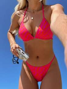 Swim Vcay Summer Beach Zebra Stripe Halter Triangle Bikini Set - Multicolor - View 1