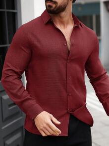 Manfinity Homme 男式纯色休闲前扣长袖条纹衬衫 - 玫瑰紅 - 查看 4