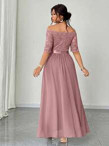 Elenzga Váy dự tiệc lãng mạn thanh lịch cỡ lớn dành cho nữ, váy maxi dài tay ngắn trễ vai bằng vải voan chắp vá ren - Hồng - Xem 2