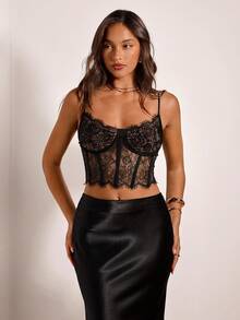 Opulessa 女士黑色性感透视蕾丝交叉吊带背心，优雅派对、奢华晚宴、毕业舞会上衣，适合毕业典礼、舞会、奢华晚宴、音乐会、派对、俱乐部、外出、优雅性感派对约会之夜等场合，性感透视上衣 - 黑色 - 查看 2