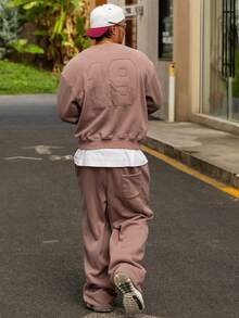 DAZY 男士字母刺绣保暖套头卫衣裤套装，秋冬季舒适保暖套装 - 棕色 - 查看 2