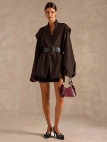 SHEIN BAE بليزر نسائي بأكمام جرس ذو لون أحادي، مناسب للعمل - قهوة بني - مشاهدة 4