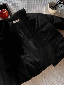 SHEIN 年轻男孩休闲日常运动厚灯芯绒灯芯绒宽松加厚立领绗缝外套，适合秋冬穿着，室内、户外、滑雪、玩雪 - 黑色 - 查看 7