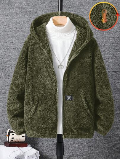SHEIN Tween Boy's Hooded Casual Collegiate Soft & Comfortable Minimalist Versatile Fuzzy Jacket, Suitable For Autumn/Winter, Suitable For Daily Wear, Outdoor Play, School, Street Style, Party, And Home Boys Jackets Fall Winter