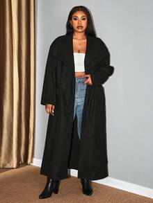 Hourglow Dollyholly86 秋冬大码女士休闲纯色长袖大衣，适合沙漏型身材 - 黑色 - 查看 1