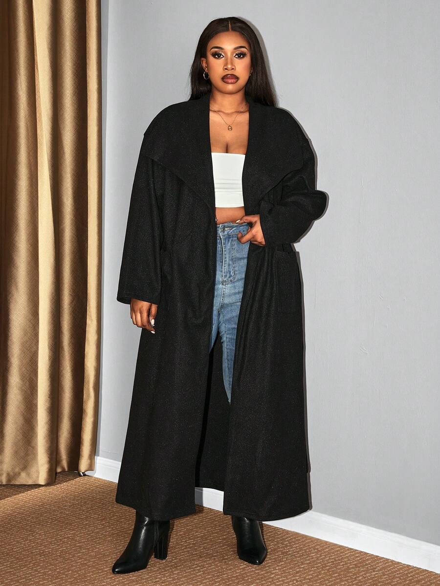 Hourglow Áo khoác dài tay màu trơn thường ngày cỡ lớn Dollyholly86 dành cho nữ vào mùa thu/đông, dành cho dáng người đồng hồ cát - màu đen - Xem 1